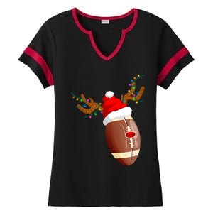 Funny Christmas Football Ball Santa Hat Reindeer Xmas Lights Gift Ladies Halftime Notch Neck Tee