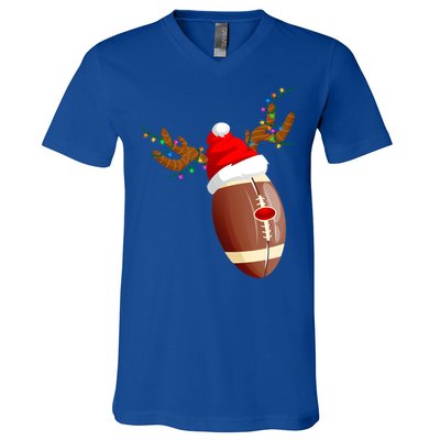 Funny Christmas Football Ball Santa Hat Reindeer Xmas Lights Gift V-Neck T-Shirt