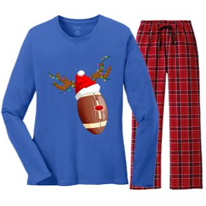 Funny Christmas Football Ball Santa Hat Reindeer Xmas Lights Gift Women's Long Sleeve Flannel Pajama Set 