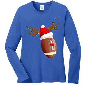 Funny Christmas Football Ball Santa Hat Reindeer Xmas Lights Gift Ladies Long Sleeve Shirt