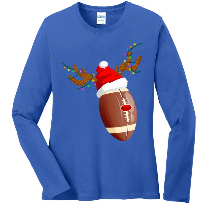 Funny Christmas Football Ball Santa Hat Reindeer Xmas Lights Gift Ladies Long Sleeve Shirt