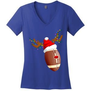 Funny Christmas Football Ball Santa Hat Reindeer Xmas Lights Gift Women's V-Neck T-Shirt