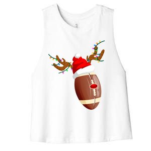 Funny Christmas Football Ball Santa Hat Reindeer Xmas Lights Gift Women's Racerback Cropped Tank