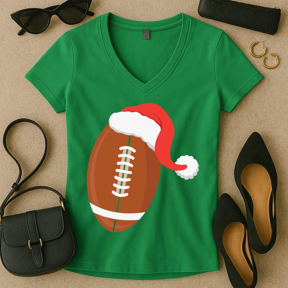 Football Christmas Funny Santa Hat Xmas Sports Holiday Women's V-Neck T-Shirt