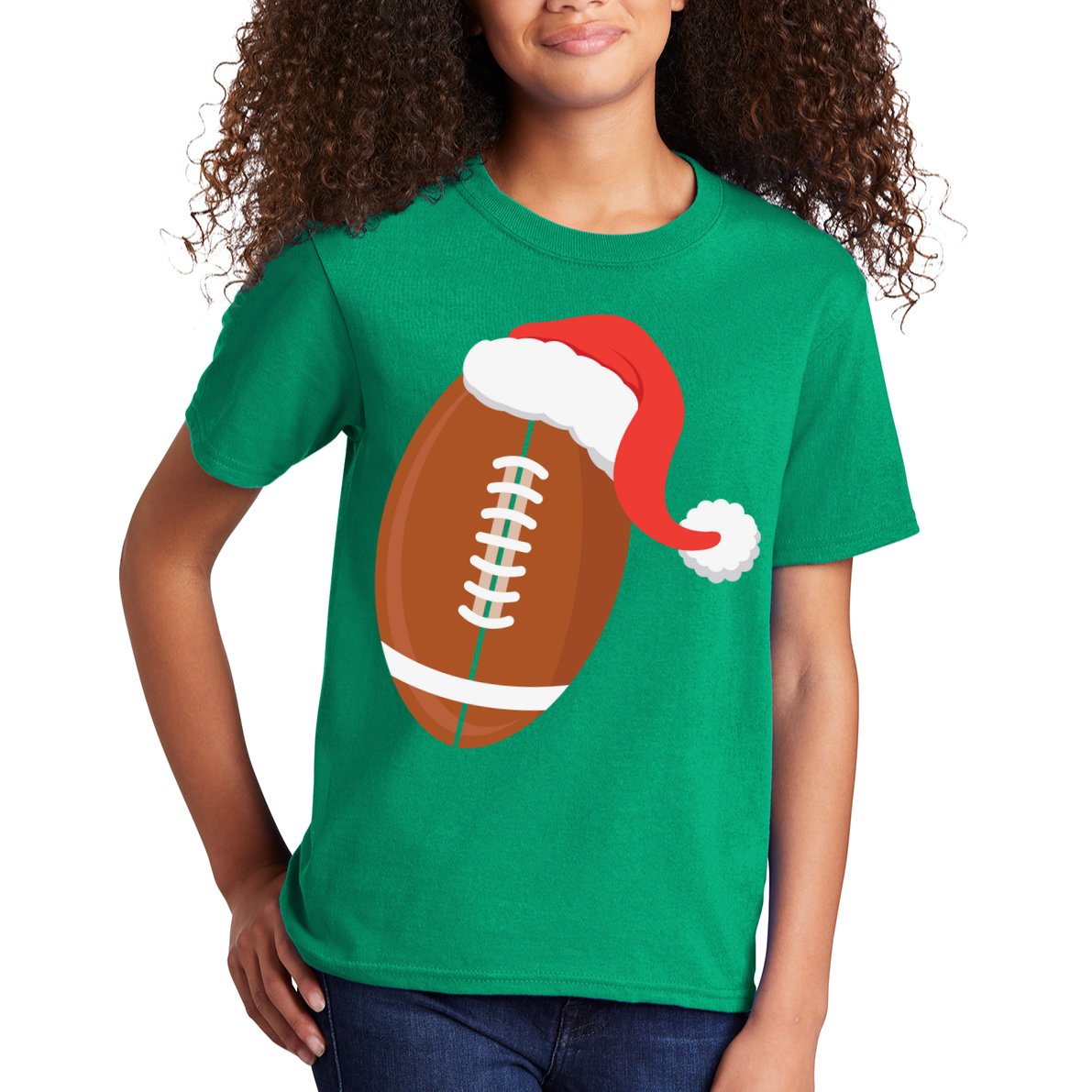 Football Christmas Funny Santa Hat Xmas Sports Holiday Kids T-Shirt