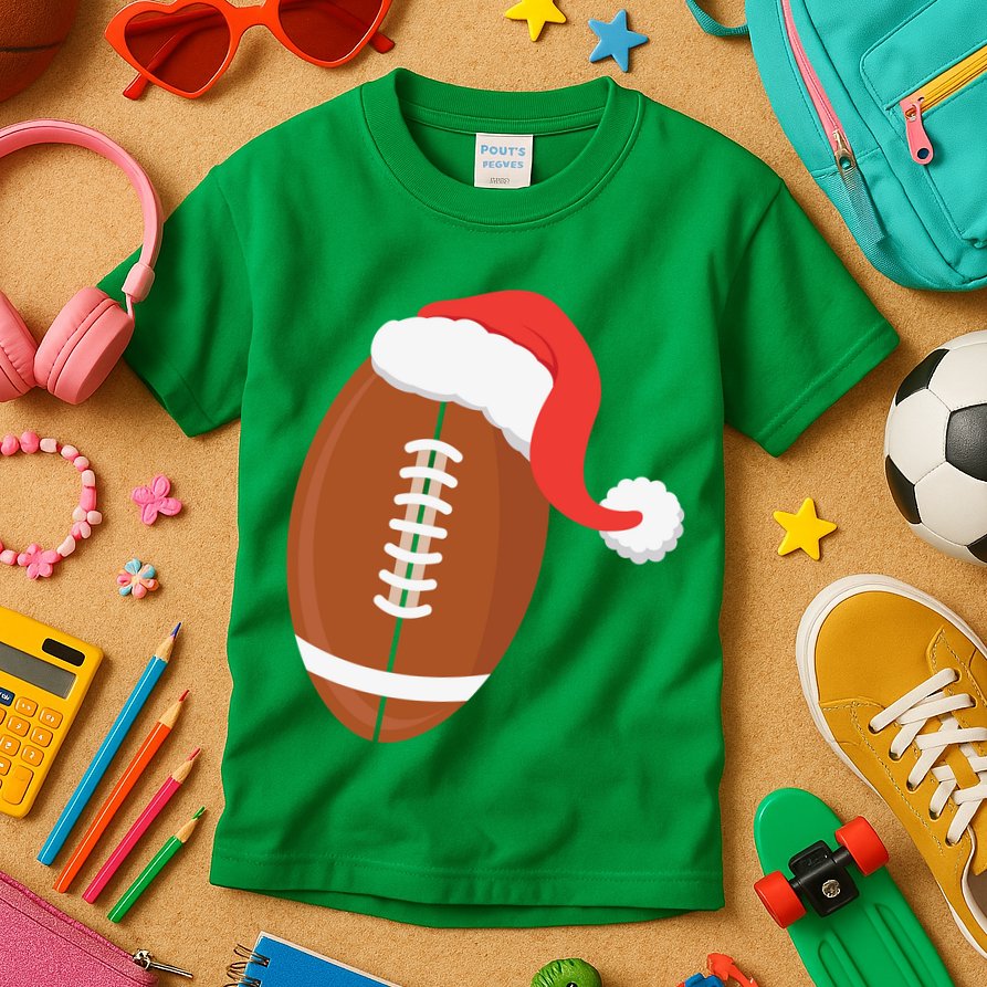 Football Christmas Funny Santa Hat Xmas Sports Holiday Kids T-Shirt
