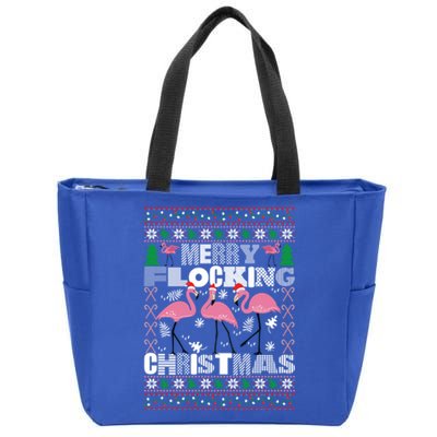 Flamingo Christmas Funny Gift Funny Merry Flocking Christmas Gift Zip Tote Bag