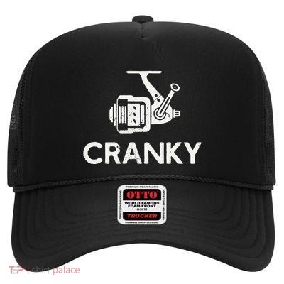 Funny Cranky Fishing Reel Pun Humor Fishermen High Crown Mesh Back Trucker Hat