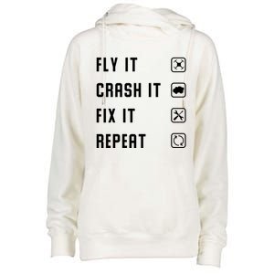 Fly Crash Fix Repeat Drone Pilot Cute Gift Womens Funnel Neck Pullover Hood