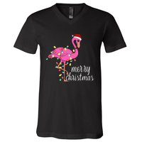 Flamingo Christmas Funny Merry Christmas Flamingo Santa Xmas V-Neck T-Shirt