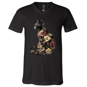 Floral Cat V-Neck T-Shirt