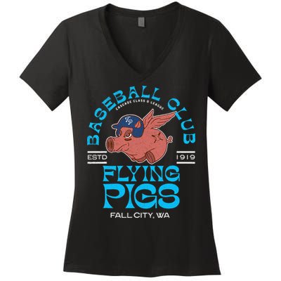 Fall City Flying Pigs Retro Minor League Baseball Team Women's V-Neck T-Shirt
