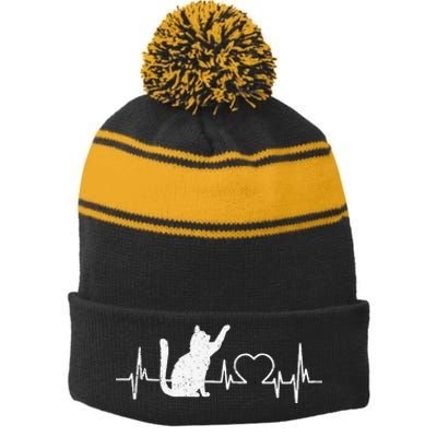 Funny Cat For Women Meowy Cute Cat Lover Heartbeat Stripe Pom Pom Beanie