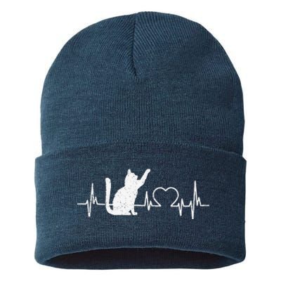 Funny Cat For Women Meowy Cute Cat Lover Heartbeat Sustainable Knit Beanie