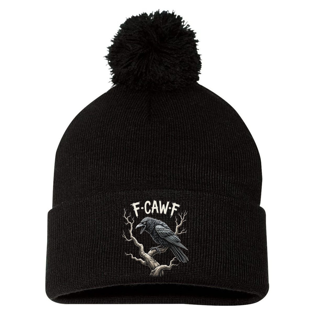 F Caw F Funny Raven Crow Vintage Gothic Bird Pun Pom Pom 12in Knit Beanie