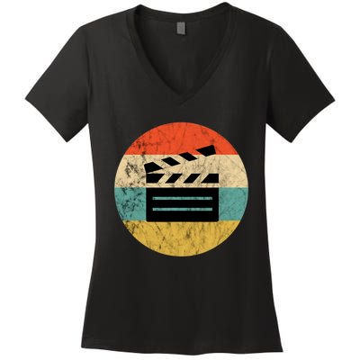 Filmmaker Clapboard Film Director Lover Retro Vintage Sunset Women's V-Neck T-Shirt