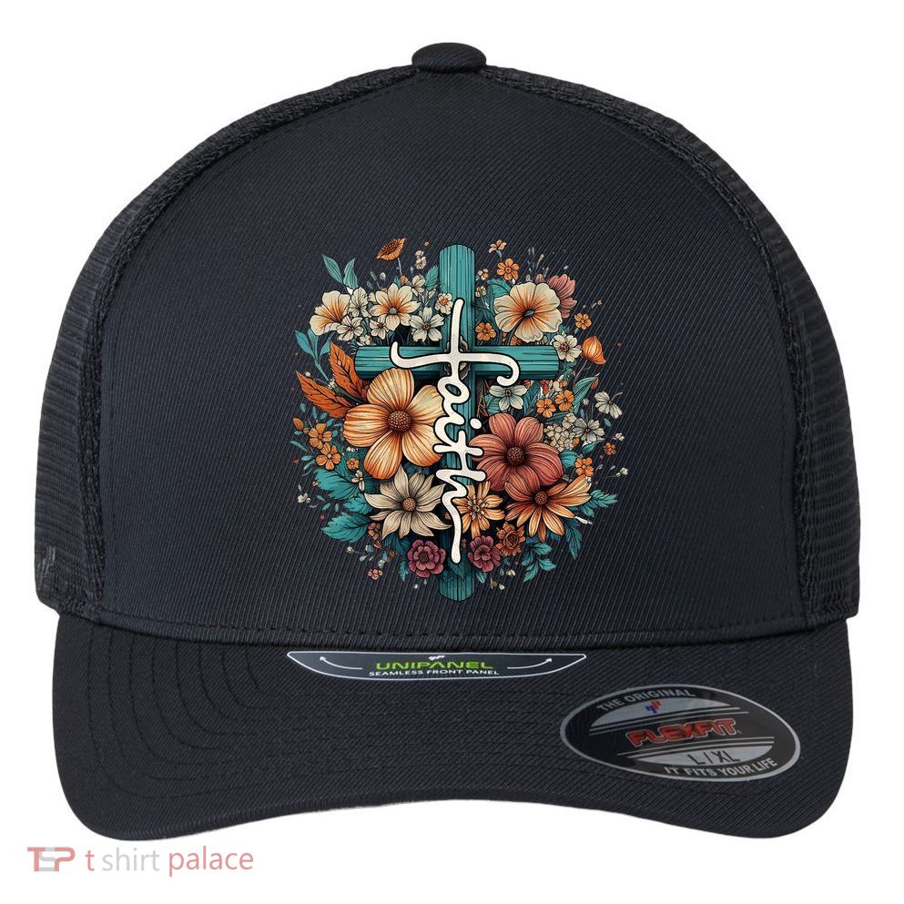 Faith Cross Floral Christian Faith Religious Flexfit Unipanel Trucker Cap