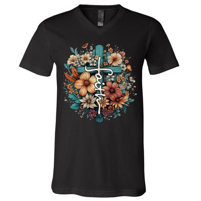 Faith Cross Floral Christian Faith Religious V-Neck T-Shirt