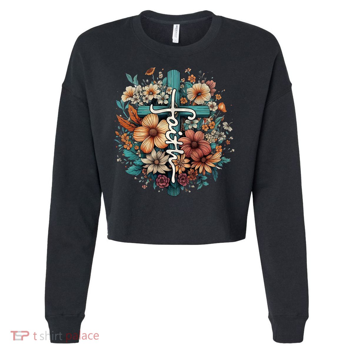 Faith Cross Floral Christian Faith Religious Cropped Pullover Crew