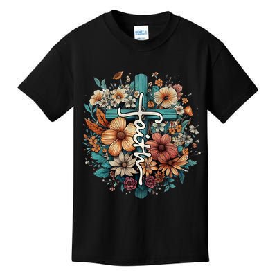Faith Cross Floral Christian Faith Religious Kids T-Shirt