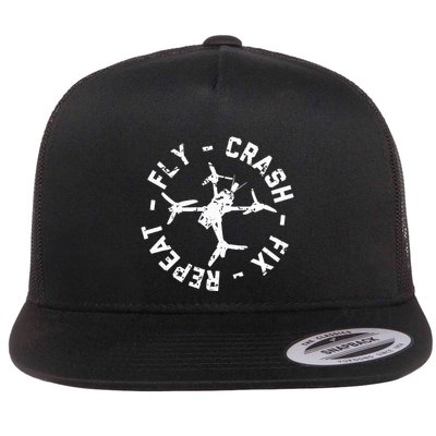 Fly Crash Fix Repeat Funny Fpv Drone Racing Quad Pilot Flat Bill Trucker Hat
