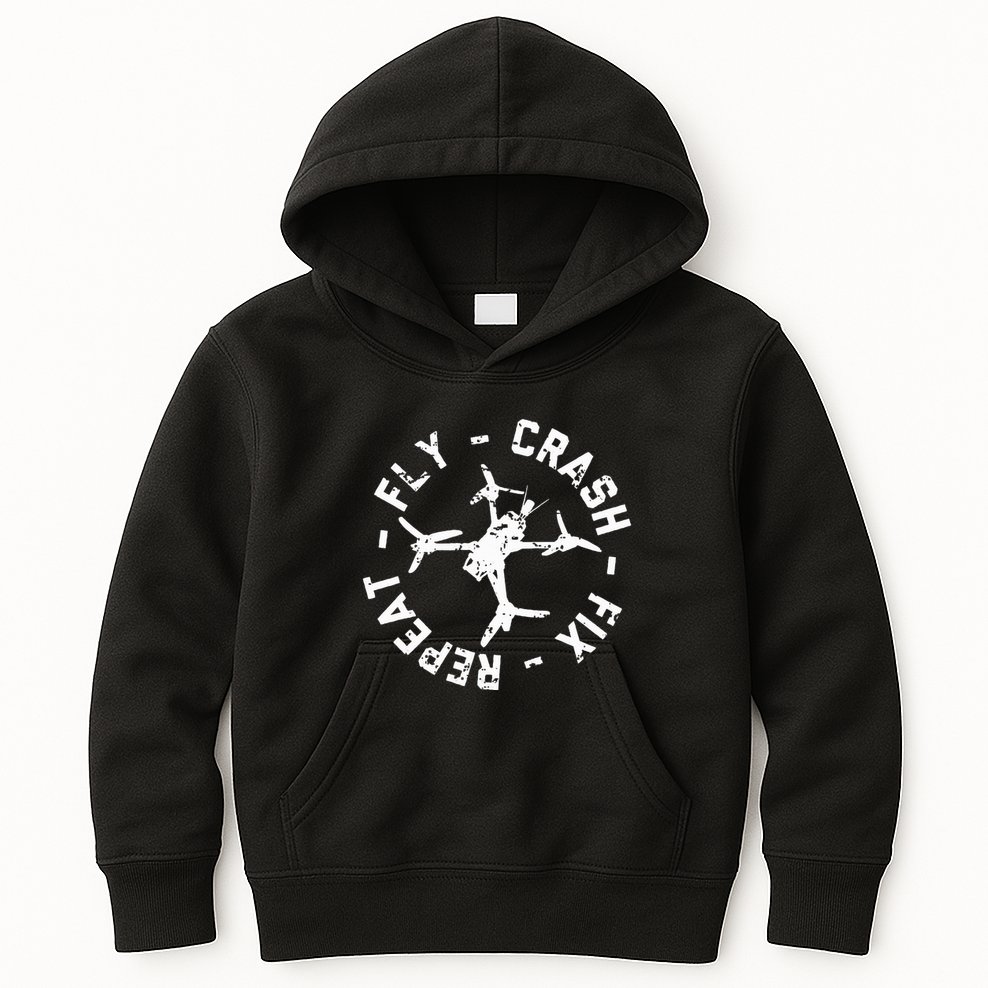 Fly Crash Fix Repeat Funny Fpv Drone Racing Quad Pilot Kids Hoodie