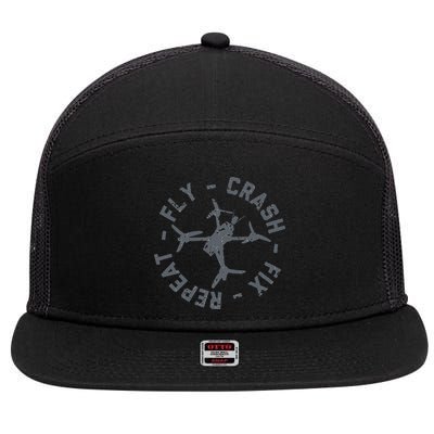Fly Crash Fix Repeat Funny FPV Drone Pilot Racing Quad 7 Panel Mesh Trucker Snapback Hat