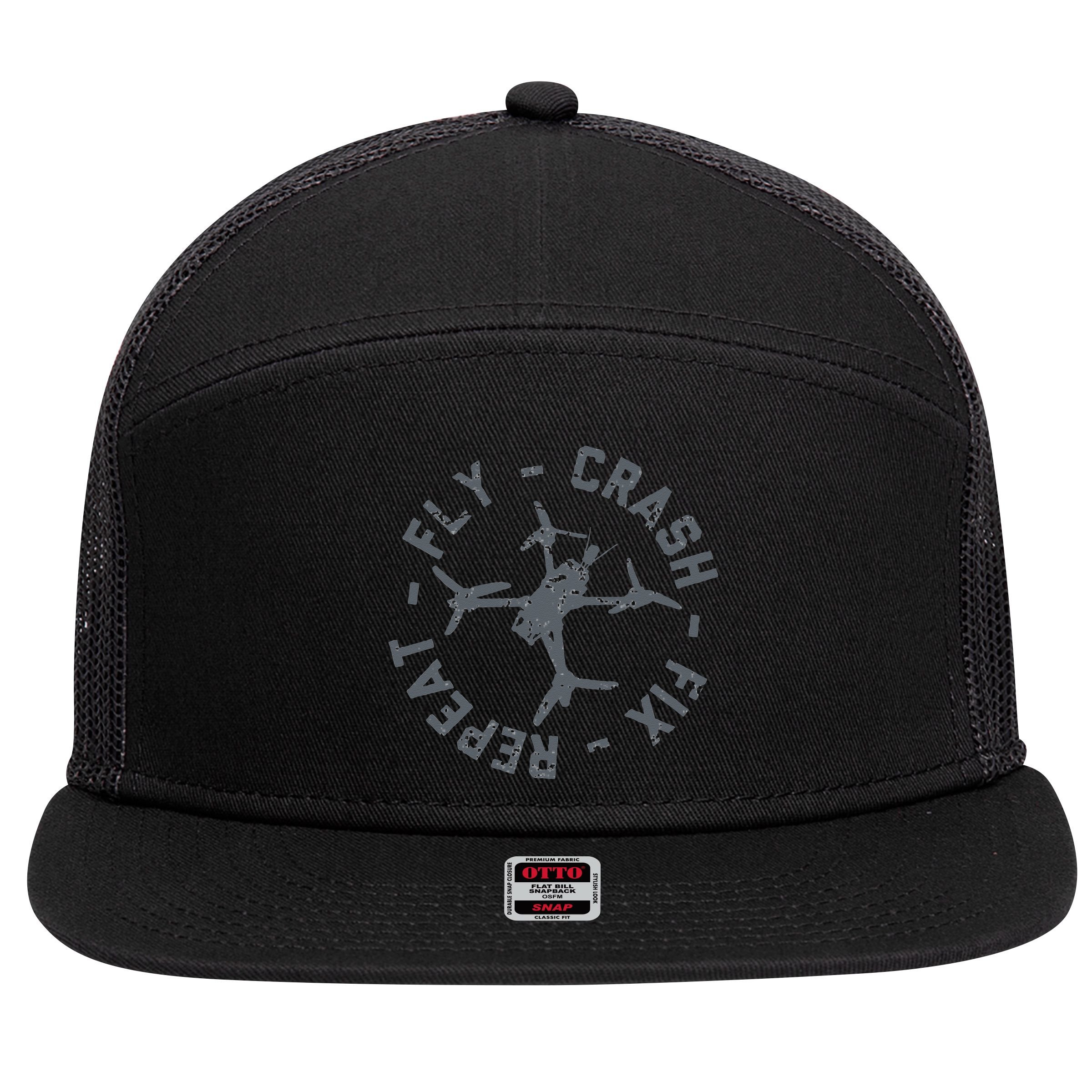 Fly Crash Fix Repeat Funny FPV Drone Pilot Racing Quad 7 Panel Mesh Trucker Snapback Hat