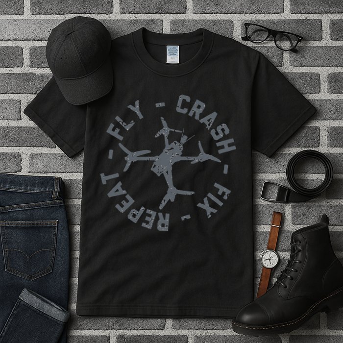 Fly Crash Fix Repeat Funny FPV Drone Pilot Racing Quad Tall T-Shirt