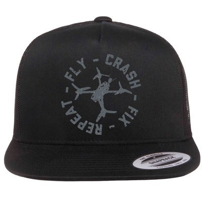 Fly Crash Fix Repeat Funny FPV Drone Pilot Racing Quad Flat Bill Trucker Hat