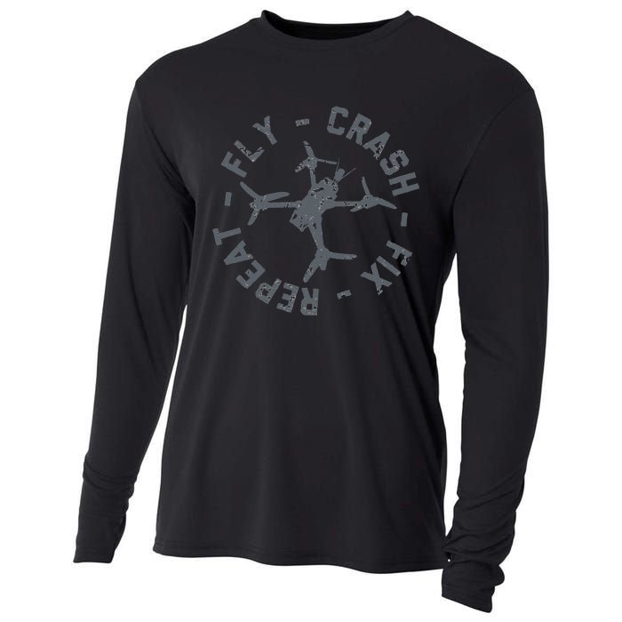 Fly Crash Fix Repeat Funny FPV Drone Pilot Racing Quad Cooling Performance Long Sleeve Crew