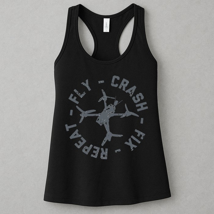 Fly Crash Fix Repeat Funny FPV Drone Pilot Racing Quad Womens Tank Top