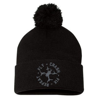 Fly Crash Fix Repeat Funny FPV Drone Pilot Racing Quad Pom Pom 12in Knit Beanie
