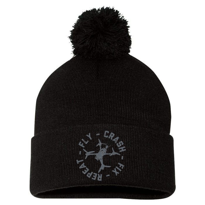 Fly Crash Fix Repeat Funny FPV Drone Pilot Racing Quad Pom Pom 12in Knit Beanie