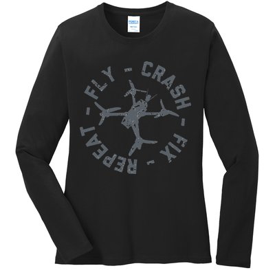 Fly Crash Fix Repeat Funny FPV Drone Pilot Racing Quad Ladies Long Sleeve Shirt