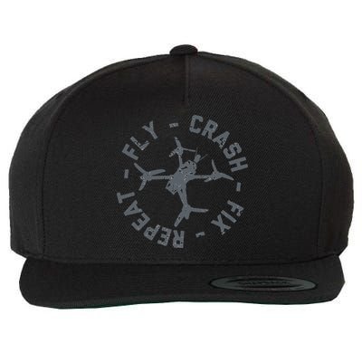 Fly Crash Fix Repeat Funny FPV Drone Pilot Racing Quad Wool Snapback Cap