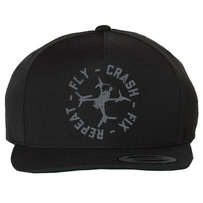 Fly Crash Fix Repeat Funny FPV Drone Pilot Racing Quad Wool Snapback Cap