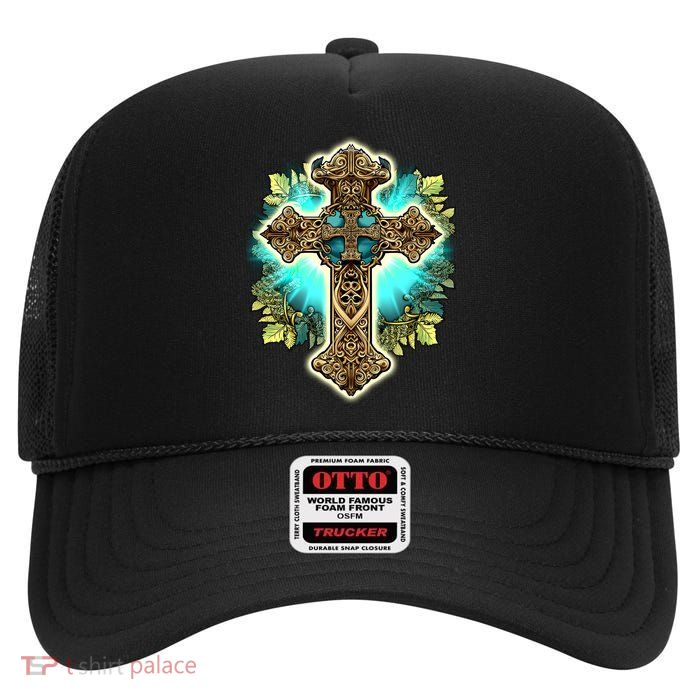 Filigree Cross High Crown Mesh Back Trucker Hat