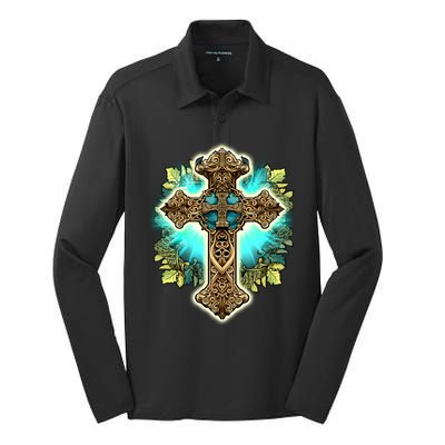 Filigree Cross Silk Touch Performance Long Sleeve Polo