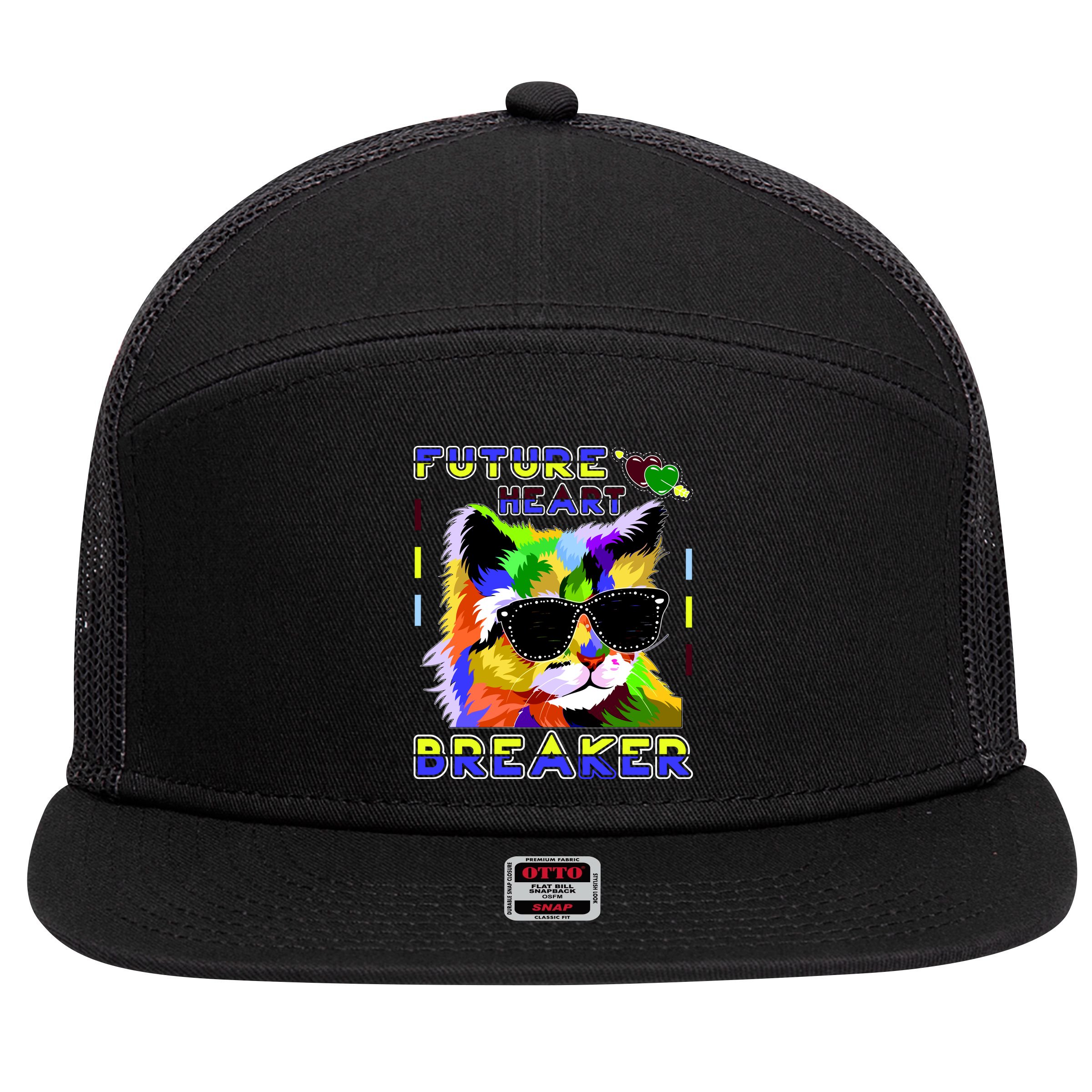 Funny Cat Future Heart Breaker 7 Panel Mesh Trucker Snapback Hat