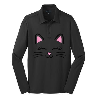 Funny Cat Face Whiskers Print Cosplay Kitty Love Halloween Silk Touch Performance Long Sleeve Polo