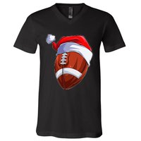 Funny Christmas Football Ball Santa Hat Sport Xmas V-Neck T-Shirt