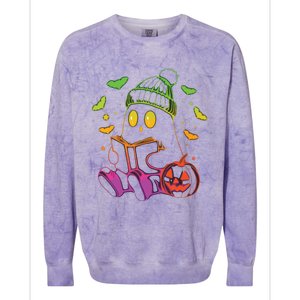 Funny Cute Ghost Book Reading Halloween Glow Teacher Colorblast Crewneck Sweatshirt