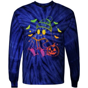 Funny Cute Ghost Book Reading Halloween Glow Teacher Tie-Dye Long Sleeve Shirt