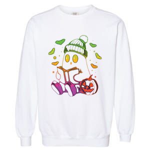 Funny Cute Ghost Book Reading Halloween Glow Teacher Garment-Dyed Sweatshirt