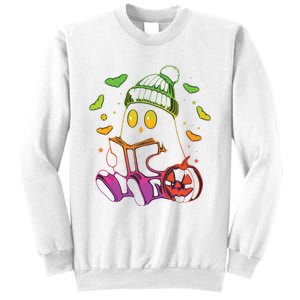 Funny Cute Ghost Book Reading Halloween Glow Teacher Sweatshirt