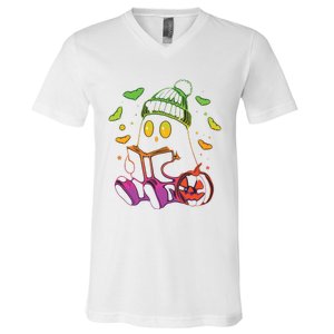 Funny Cute Ghost Book Reading Halloween Glow Teacher V-Neck T-Shirt