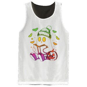 Funny Cute Ghost Book Reading Halloween Glow Teacher Mesh Reversible Basketball Jersey Tank