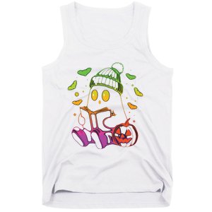 Funny Cute Ghost Book Reading Halloween Glow Teacher Tank Top