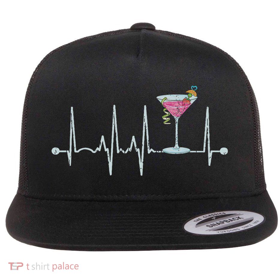 Funny Cocktail Glass Heartbeat Cocktail Glass Happy Hour Flat Bill Trucker Hat